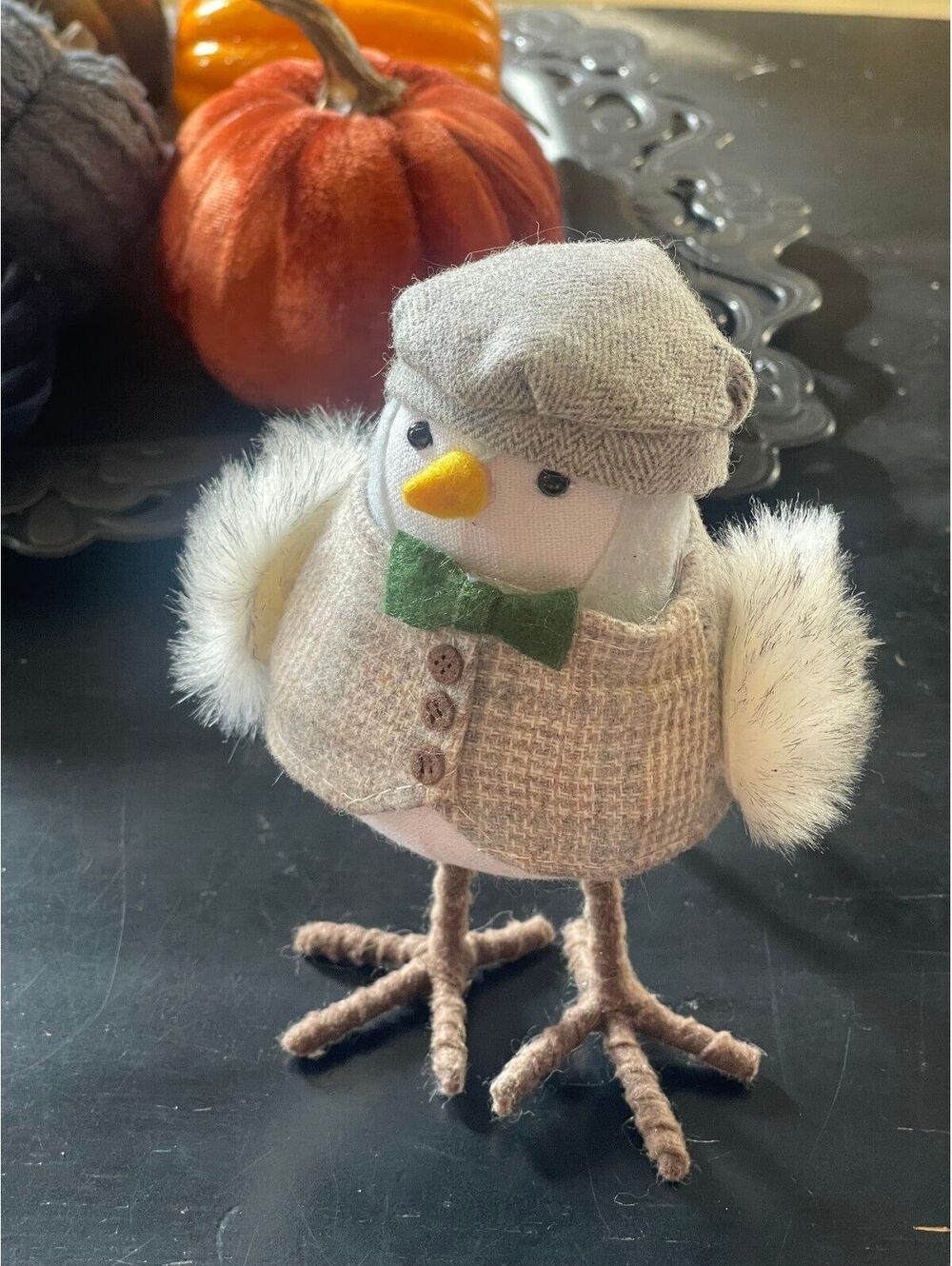 Decorative Fall Bird Figurine w/ Tweed Coat and Hat with Bowtie-faux Fur Wings
